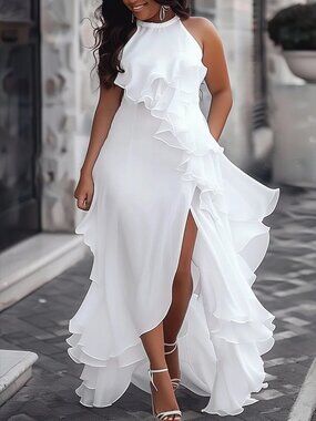 Xpluswear Design Plus Size Wedding White Halter Collar Split Ruffle Maxi Dress
